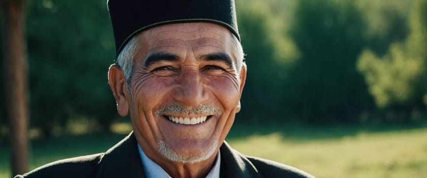 A joyful Tajik man 75 years old wearing traditional clothing stands outdoors with a broad smile against a natural backdrop on a sunny day. A resident of Tajikistan smiles. Generated by AI