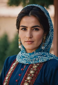 A Tajik woman 30 years old stands gracefully, showcasing her traditional attire against a breathtaking backdrop of mountains and lush green fields, reflecting her cultural roots. Generated by AI.