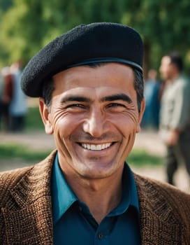 A joyful Tajik man 45 years old dressed in traditional clothing beams with a bright smile against a stunning backdrop, exuding warmth and happiness. A resident of Tajikistan. Generated by AI.