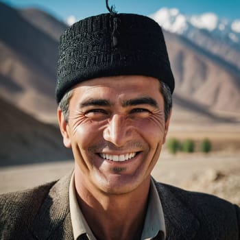 A joyful Tajik man 45 years old dressed in traditional clothing beams with a bright smile against a stunning backdrop, exuding warmth and happiness. A resident of Tajikistan. Generated by AI.