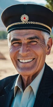 A joyful Tajik man 75 years old wearing traditional clothing stands outdoors with a broad smile against a natural backdrop on a sunny day. A resident of Tajikistan smiles. Generated by AI