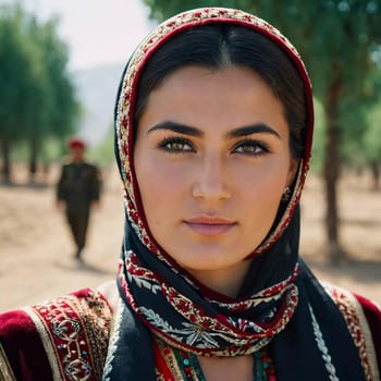 A Tajik woman 30 years old stands gracefully, showcasing her traditional attire against a breathtaking backdrop of mountains and lush green fields, reflecting her cultural roots. Generated by AI.