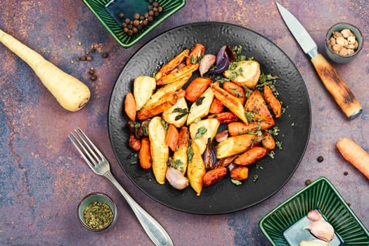Colorful grilled and roasted root vegetables.