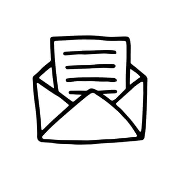 Doodle Open envelope with letter icon or logo, hand drawn with thin black line. Isolated on white background. Vector illustration