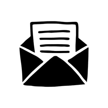 Doodle Open envelope with letter icon or logo, hand drawn with thin black line. Isolated on white background. Vector illustration