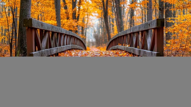 Red wooden bridge, autumn maple leaves. AI generative.