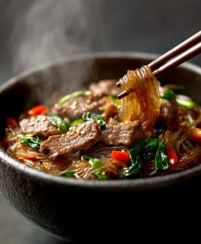 Glass noodles with vegetables and beef. AI generative.
