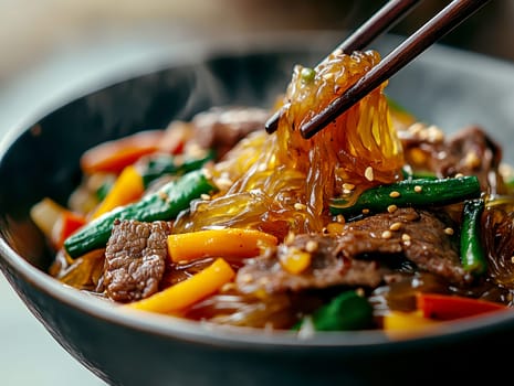 Glass noodles with vegetables and beef. AI generative.