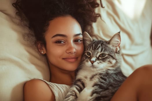 A woman in casual sits on the sofa, holding her cat and smiling at it. Ai generative.