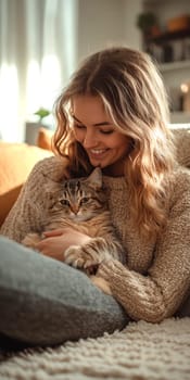 A woman in casual sits on the sofa, holding her cat and smiling at it. Ai generative.