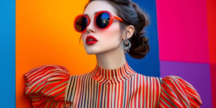 An elegant and sophisticated model  wearing a ready-to-wear collection in a vibrant pop art probabilistic color palette.Ai generative.