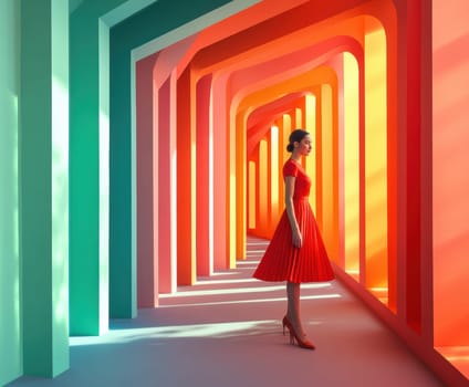 An elegant and sophisticated model  wearing a ready-to-wear collection in a vibrant pop art probabilistic color palette.Ai generative.