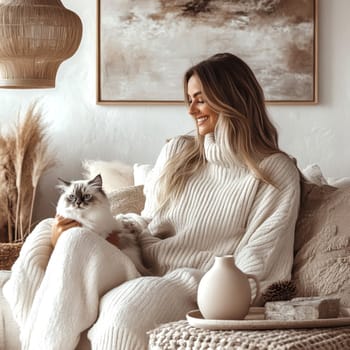 A woman in casual sits on the sofa, holding her cat and smiling at it. Ai generative.