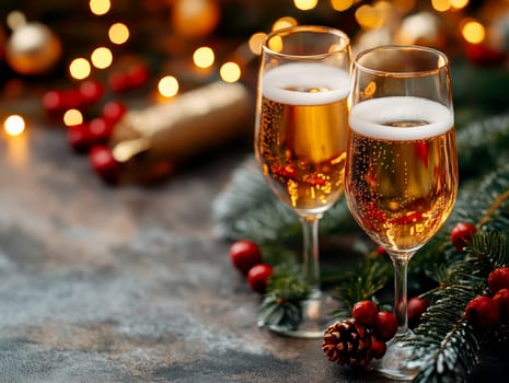 beautiful card with fir tree branches with champagne and garlands for christmas. AI generative.