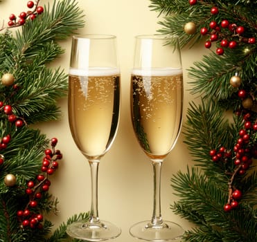 beautiful card with fir tree branches with champagne and garlands for christmas. AI generative.