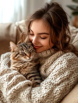 A woman in casual sits on the sofa, holding her cat and smiling at it. Ai generative.