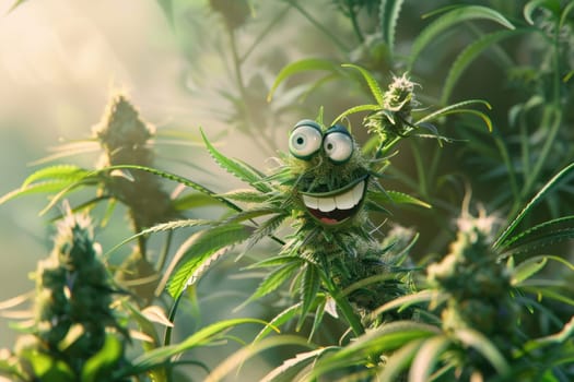 cannibis buds with a happy realistic face on a cannibis plant . AI generative.