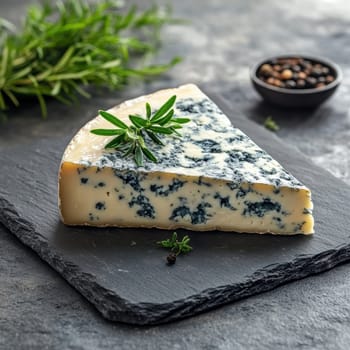 A wedge of blue cheese with visible veins of mold, placed on a slate serving board . AI generative.