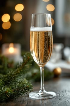beautiful card with fir tree branches with champagne and garlands for christmas. AI generative.