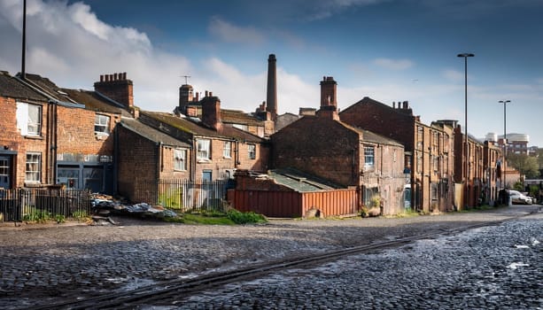red brick houses in british industrial revolution slums, AI generated image