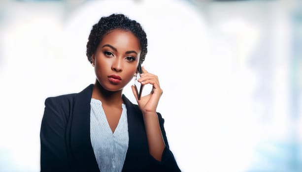 gorgeous elegant business woman talking on mobile phone, AI generated image