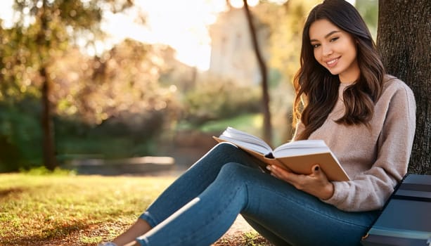 gorgeous elegant woman reading a book in the park, AI generated image