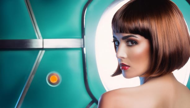 gorgeous woman bob haircut sixties retro futuristic style, AI generated image