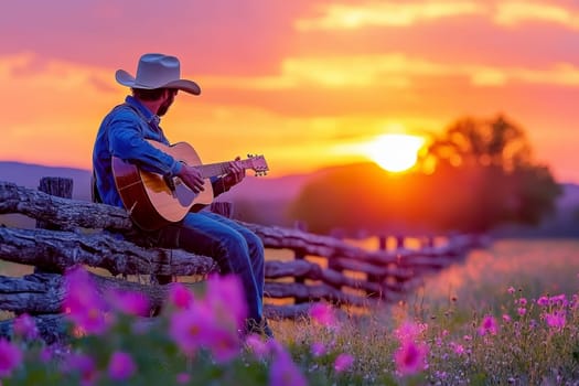 A cowboy sitting on a wooden fence, playing an acoustic guitar . AI generative.