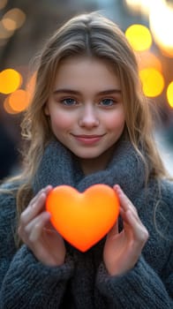 A young woman holding a large red heart in her hands. AI generative.