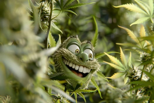 cannibis buds with a happy realistic face on a cannibis plant . AI generative.