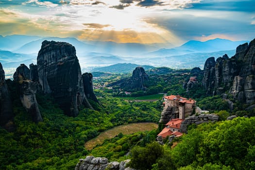 View of Meteora with Eastern Orthodox monasteries, a rock formation in the regional unit of Trikala, in Thessaly, in northwestern Greece, UNESCO World Heritage Site