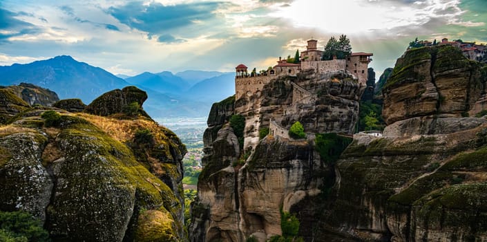 View of Meteora with Eastern Orthodox monasteries, a rock formation in the regional unit of Trikala, in Thessaly, in northwestern Greece, UNESCO World Heritage Site
