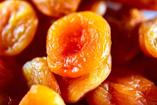 Close-up of soft apricots, dried and pitted.