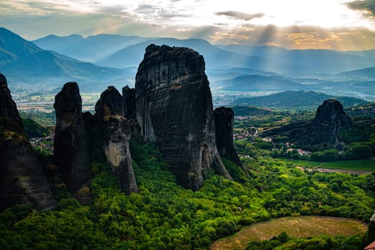 View of Meteora with Eastern Orthodox monasteries, a rock formation in the regional unit of Trikala, in Thessaly, in northwestern Greece, UNESCO World Heritage Site