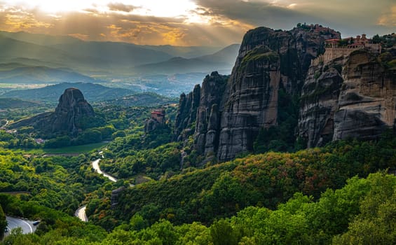 View of Meteora with Eastern Orthodox monasteries, a rock formation in the regional unit of Trikala, in Thessaly, in northwestern Greece, UNESCO World Heritage Site