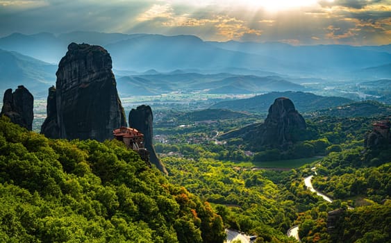View of Meteora with Eastern Orthodox monasteries, a rock formation in the regional unit of Trikala, in Thessaly, in northwestern Greece, UNESCO World Heritage Site
