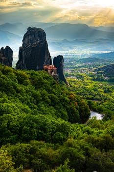 View of Meteora with Eastern Orthodox monasteries, a rock formation in the regional unit of Trikala, in Thessaly, in northwestern Greece, UNESCO World Heritage Site