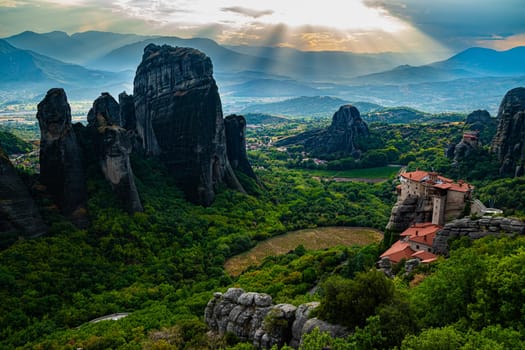 View of Meteora with Eastern Orthodox monasteries, a rock formation in the regional unit of Trikala, in Thessaly, in northwestern Greece, UNESCO World Heritage Site