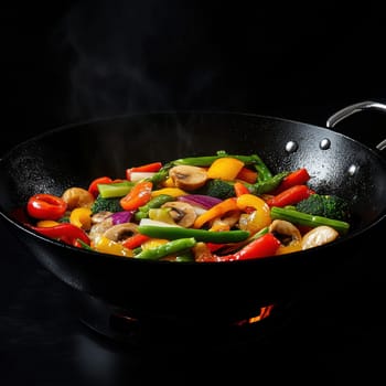 Colourful vegetables cooked in a wok. AI generative.
