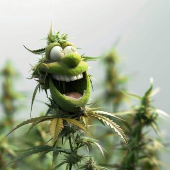 cannibis buds with a happy realistic face on a cannibis plant . AI generative.
