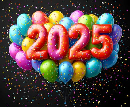 happy, new, year, number " 2025"" ballons, firework. AI generative."