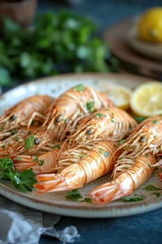 jumbo prawns in butter and garlic sauce. AI generative.