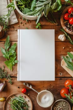 Photo of a blank white book cover mockup on an Italian kitchen table surrounded by fresh herbs and Italian ingredients, front view with space for text or design. The mockup is in the style of various artists. --ar 2:3 --style raw Job ID: b4225736-f425-44ae-bf92-2d66312fa748
