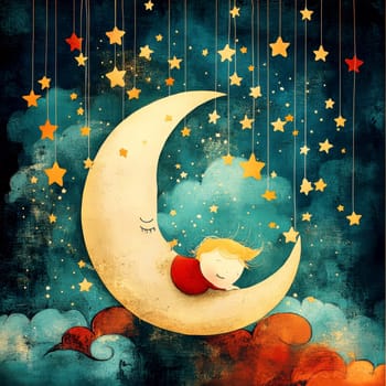 The image of the cute girl sleeping on the moon with stars suspended by thin threads . AI generative.