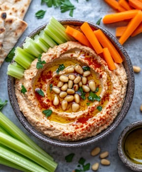 roasted garlic hummus served in bowl topped with paprika, flat parsely and roasted pine . AI generative.