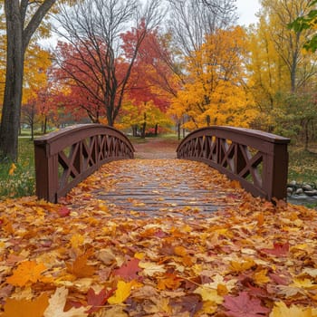Red wooden bridge, autumn maple leaves. AI generative.