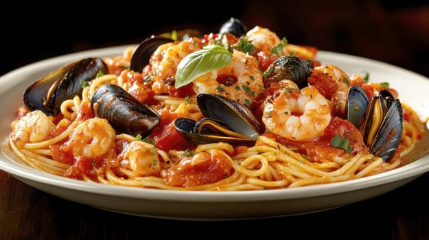 Pasta with seafood in tomato sauce, and shrimp and clams. AI generative.