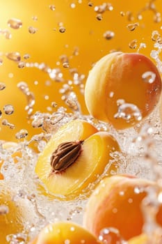 Several peaches and yellow peach juice. AI generative.