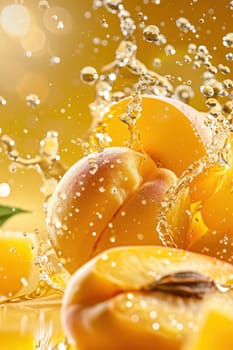 Several peaches and yellow peach juice. AI generative.