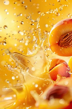Several peaches and yellow peach juice. AI generative.